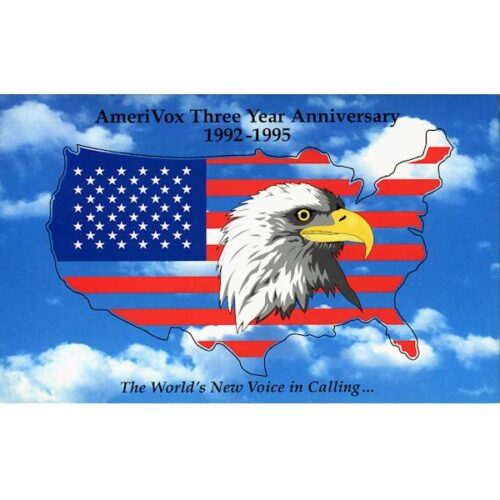 The Phonecard Shop: U.S.A., Amerivox - Three Year Anniversary 1992-1995, Die-Cut USA Map, in folder, $50